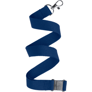 A blue lanyard made of durable material, featuring a silver clip and a metal buckle.