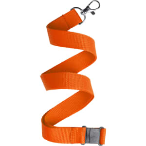 An orange lanyard with a metal clip and buckle, designed for use in exhibitions and events.