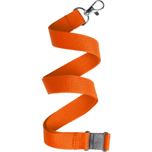 An orange lanyard with a metal clip and buckle for fastening.