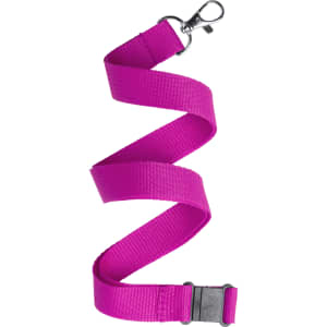 A magenta lanyard with a clip and a breakaway buckle, ideal for exhibitions and events.