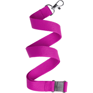 A vibrant pink lanyard featuring a metal clip and buckle for securing items.