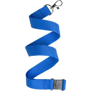 A blue lanyard with a metal clip and plastic buckle, designed for holding identification or accessories.
