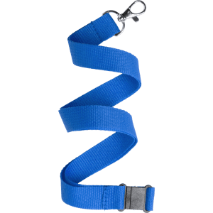 A blue lanyard with a metal clip for attaching items and a plastic buckle for quick release.