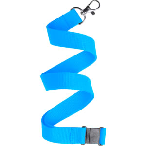 A blue lanyard with a clip and a plastic buckle, suitable for holding IDs or keys.