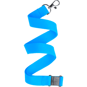 A bright blue lanyard featuring a metal clip and a secure fastening. Ideal for holding IDs or badges.