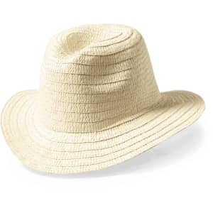 A cream-coloured hat with a textured design and a wide brim, featuring a logo on the side.