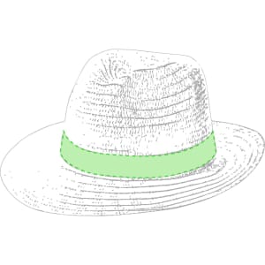 A white hat with a green band, featuring a wide brim and a structured crown. Includes a logo.