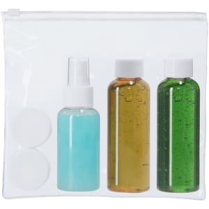 A clear toiletry bag containing three bottles (blue, brown, and green) and two white containers.
