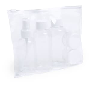 A clear toiletry bag containing three empty bottles and two small jars, ideal for travel accessories.