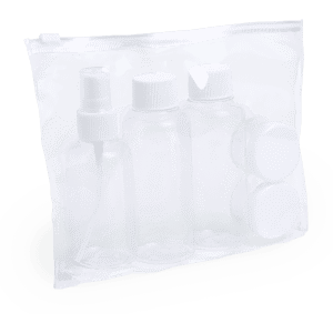 A clear toiletry bag with three empty bottles and two containers, all featuring white caps.