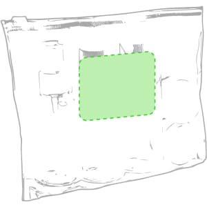 A transparent, green-bordered toiletry bag featuring a simple design and branding.