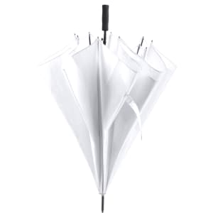 A white umbrella with a sleek design, featuring a handle and a logo. Ideal for leisure and outdoor use.