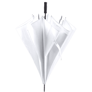 A white umbrella with multiple panels and a black handle. The umbrella features a logo.