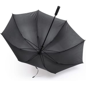 A black umbrella with a sturdy frame and a handle, featuring a logo on the canopy.