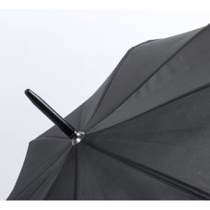 A black umbrella featuring a sleek handle and a metallic top connector, with a simple branding logo.