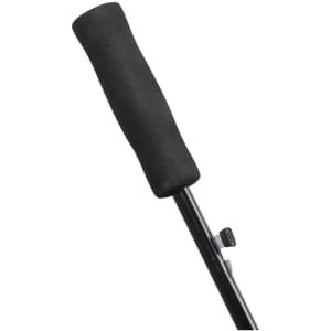 A black handle with a grip on a metallic umbrella frame, featuring a locking mechanism.