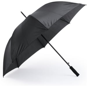 A black umbrella with a curved handle and a sleek design. It features a logo on the canopy.