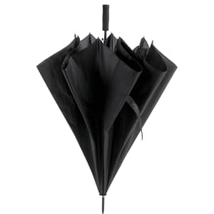 A black umbrella with a curved handle, featuring multiple overlapping canopy sections and a logo on the fabric.
