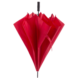 A red umbrella with a sleek design, featuring a sturdy handle and a logo. Ideal for leisure and outdoor use.