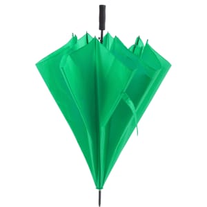 A green umbrella with a sturdy handle, featuring a logo and multiple canopy sections for extra coverage.