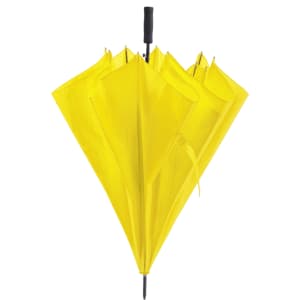 A bright yellow umbrella with multiple panels and a black handle, featuring a logo on the handle.