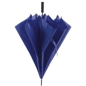 A blue umbrella with a unique design featuring multiple canopies and a handle. It includes a logo.