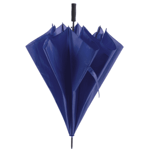 A blue umbrella with a curved handle and multiple canopy panels. It features a branding logo.
