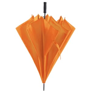 An orange umbrella with a black handle, featuring a logo. Suitable for outdoor leisure use.