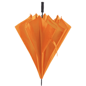 An orange umbrella with a simple design and a black handle, featuring a branding logo.