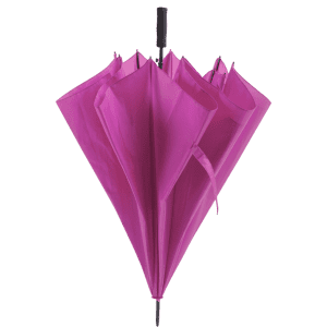 A pink umbrella with multiple sections and a black handle, featuring a logo on the handle.