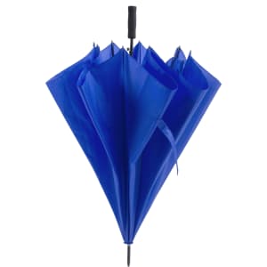 A blue umbrella with a sleek design, featuring a handle and a logo on the canopy.