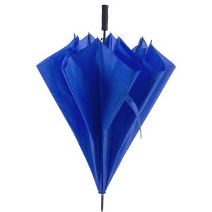 A blue umbrella with a sleek design, featuring multiple canopy sections and a handle. It has a logo on the handle.