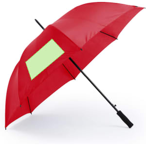 A red umbrella with a black handle and a blank area for branding or design.