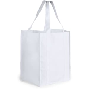 A white reusable grocery bag with two sturdy handles and a simple design. It features a branding logo.