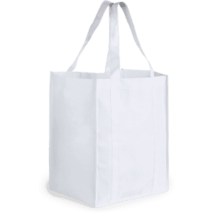 A white reusable grocery bag with two handles and a rectangular base, featuring a simple design and a logo.