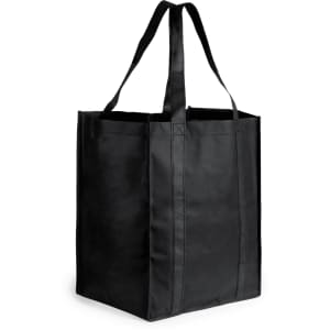 A black reusable grocery bag with sturdy handles and a rectangular shape. It features a simple design and has a logo.