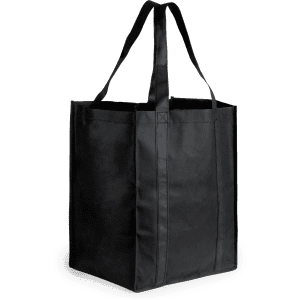 A reusable grocery bag in black with sturdy handles and a simple design. It features a logo on one side.