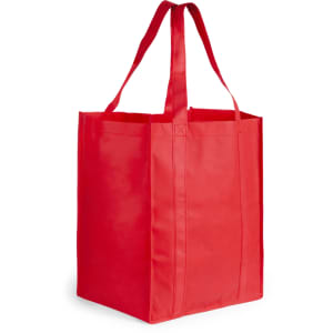 A bright red reusable grocery bag with long handles and a sturdy design. Features logo branding.