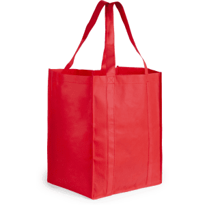 A red reusable grocery bag with two handles and a square shape, featuring a logo on one side.