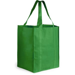 A green reusable grocery bag with two sturdy handles and a spacious interior. It features a simple design and branding.