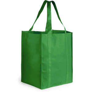 A large green reusable grocery bag with two sturdy handles and a square base.