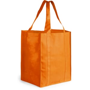 An orange reusable grocery bag with sturdy handles and a simple design. It features a logo on one side.