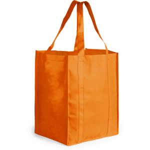 An orange reusable grocery bag with sturdy handles and a structured shape, featuring a branding logo.