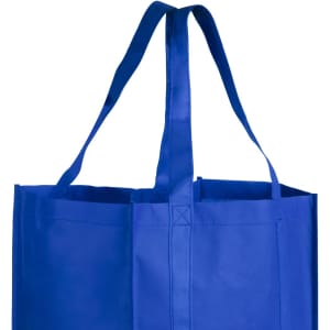 A blue reusable grocery bag with two sturdy handles and a spacious interior. It has a simple design and features a logo.