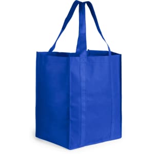 A blue reusable grocery bag with sturdy handles and a rectangular shape. It has a simple design and no visible logo.