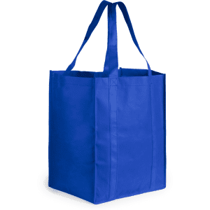 A blue reusable grocery bag with two handles, featuring a rectangular shape and a sturdy design.