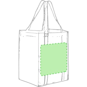 A reusable grocery bag in a simple design with long handles and a green patch for branding or decoration.