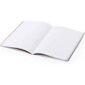 A notebook with a brown cover, featuring lined pages inside. It is open to display its blank pages.