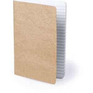 A brown kraft notebook with lined pages and a plain cover, featuring a logo on the front.