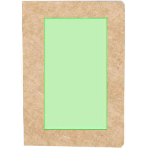 A brown notebook with a green frame on the cover. It features a plain design and has a logo present.